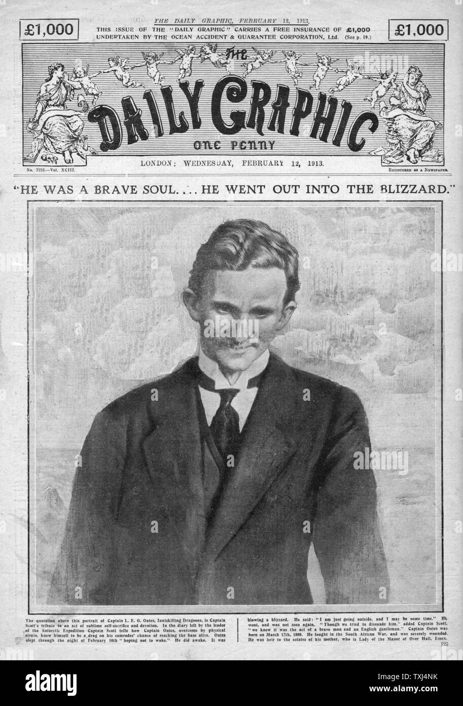 1913 Daily Graphic front page capitano Oates della Scott Expedition capitano Scott Foto Stock