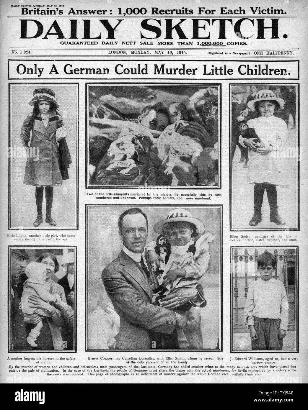 1915 Daily Sketch pagina anteriore Lusitania naufragio Anti-German headline Foto Stock