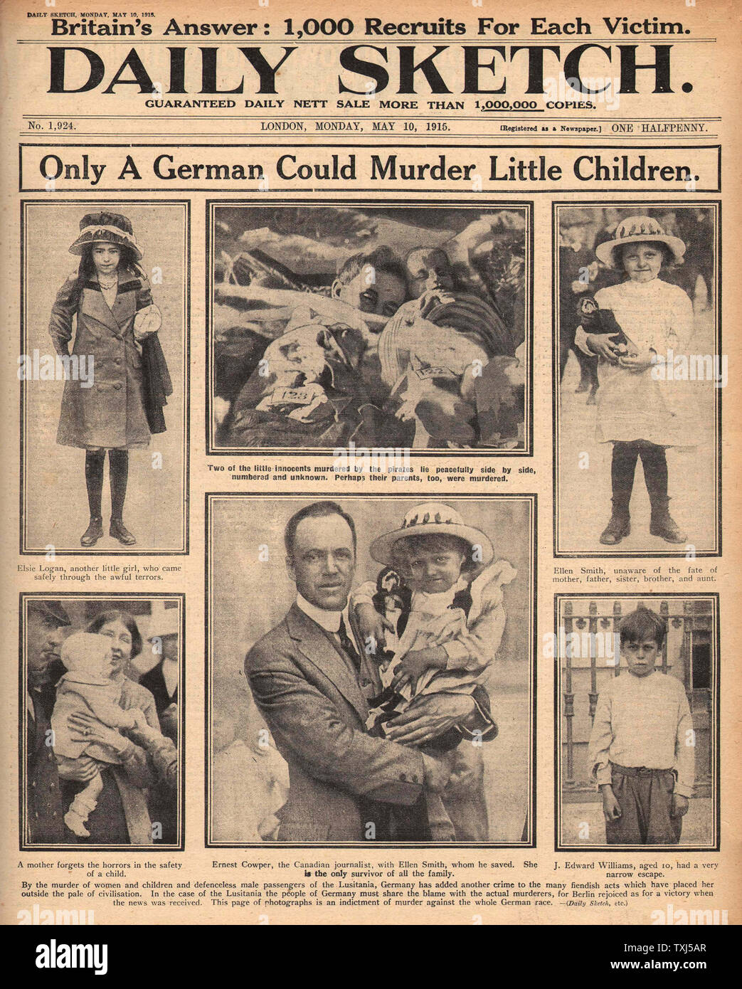 1915 Daily Sketch pagina anteriore Lusitania naufragio Anti-German headline Foto Stock