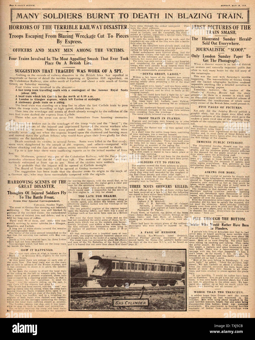 1915 Daily Sketch pagina 2 treno Quintinshill catastrofe peggiore nella storia britannica Foto Stock