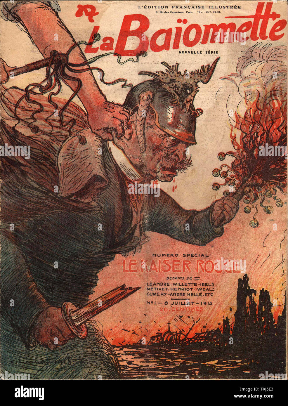 1915 La Baionnette (rivista francese) No.1 problema pagina anteriore Anti Kaiser Wilhelm coprire Foto Stock