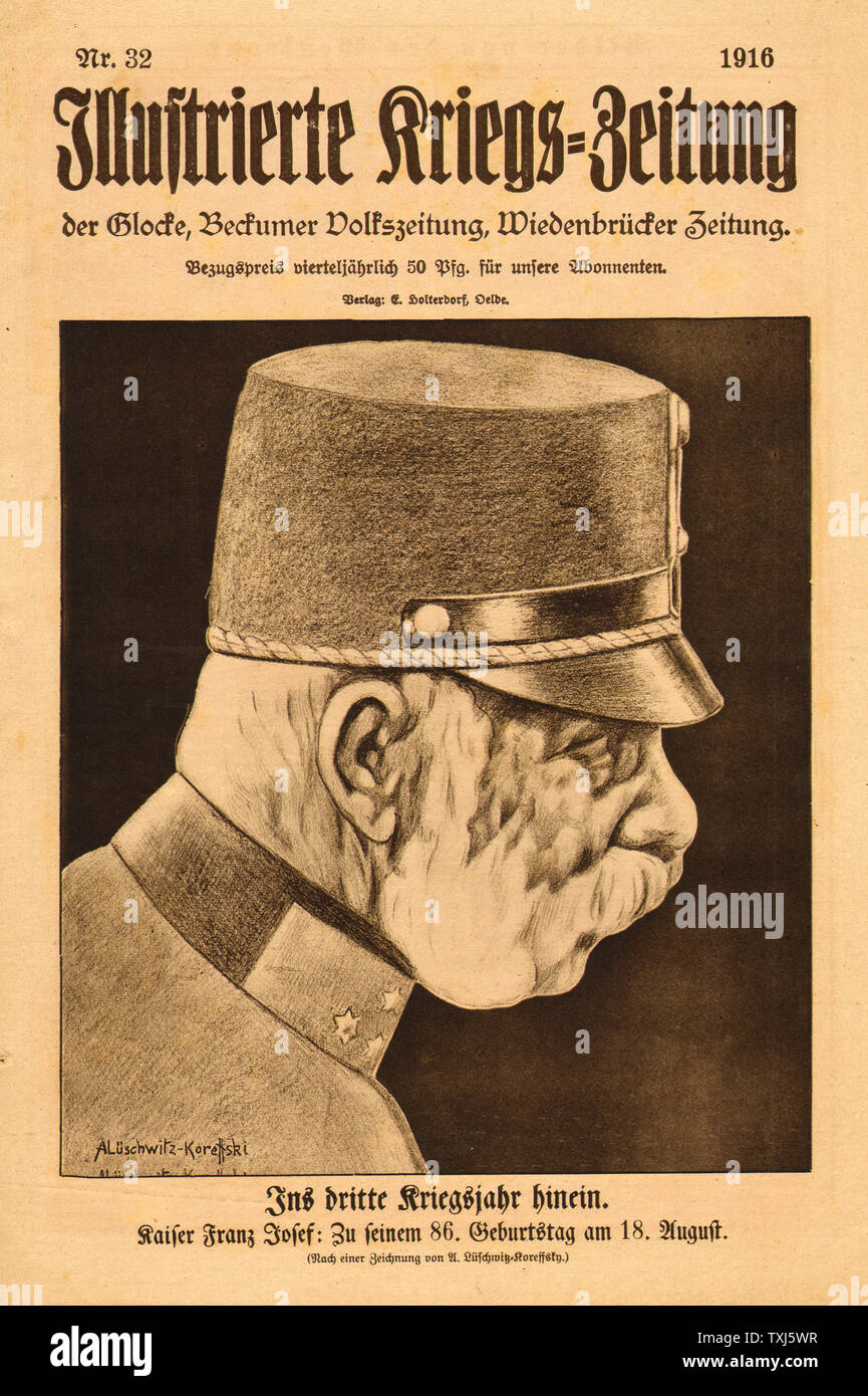 1916 Illustrierte Kriegs-Zeitung front page Kaiser Franz Josef I di Austro-Hungary Foto Stock
