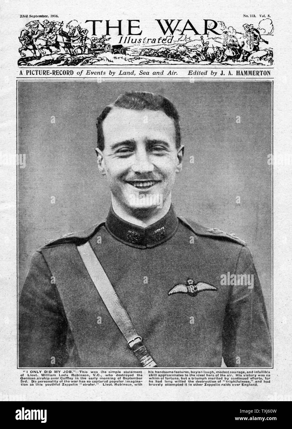 1916 La guerra front page Cpt. Leefe Robinson, Lt. Wulstan Tempest & Lt. Sowrey, Zeppelin vittorie Flying Corps Foto Stock
