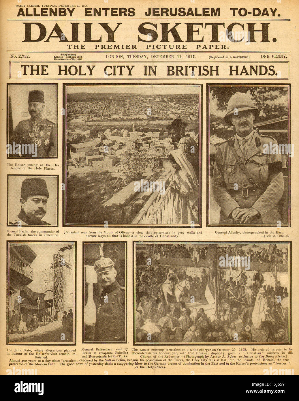 1917 Daily Sketch front page generale di reporting Allenby entra a Gerusalemme Foto Stock