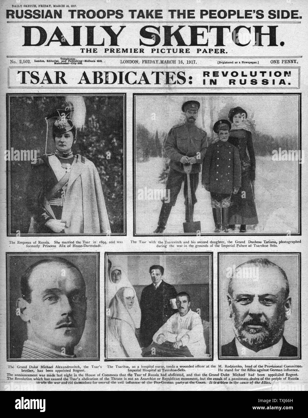 1917 Daily Sketch pagina anteriore reporting rivoluzione russa e abdicazione del Tsar Foto Stock