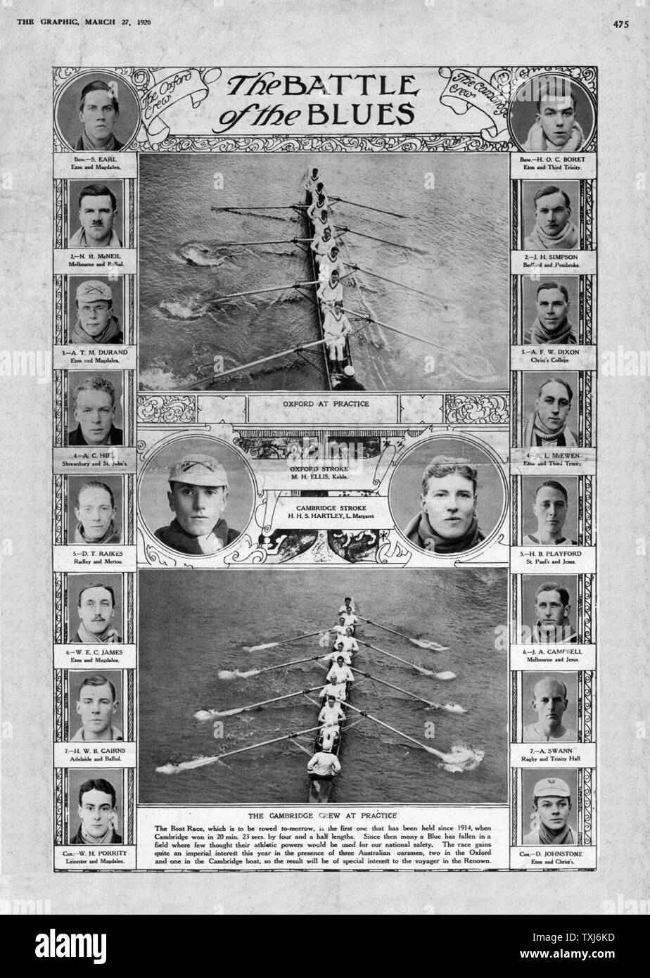 1920 La grafica della pagina anteriore reporting Oxford v Cambridge Boat Race Foto Stock
