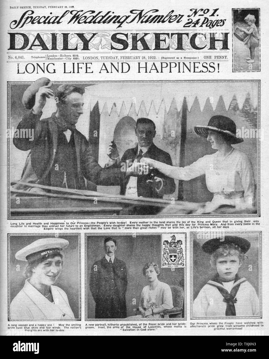 1922 Daily Sketch pagina anteriore reporting Principessa Maria Royal Wedding al visconte Lascelles Foto Stock