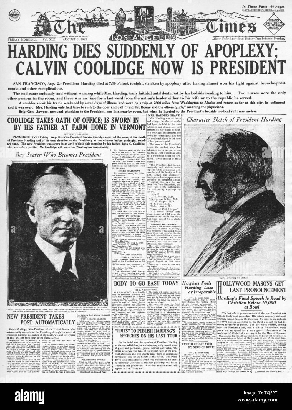 1923 Los Angeles pagina anteriore reporting Presidente Harding morti Calvin Coolidge nuovo presidente americano Foto Stock
