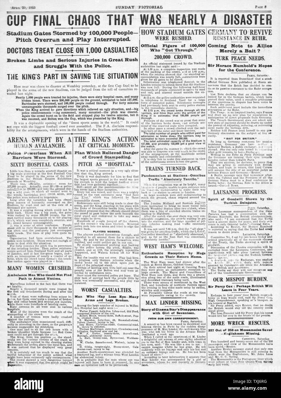 1923 Domenica pagina pittorica 3 segnalazione la prima finale di FA Cup Wembley Stadium Foto Stock