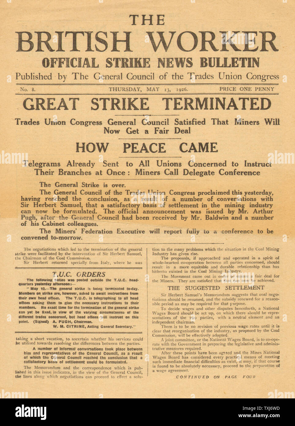 1926 British lavoratore pagina anteriore reporting sciopero generale termina Foto Stock