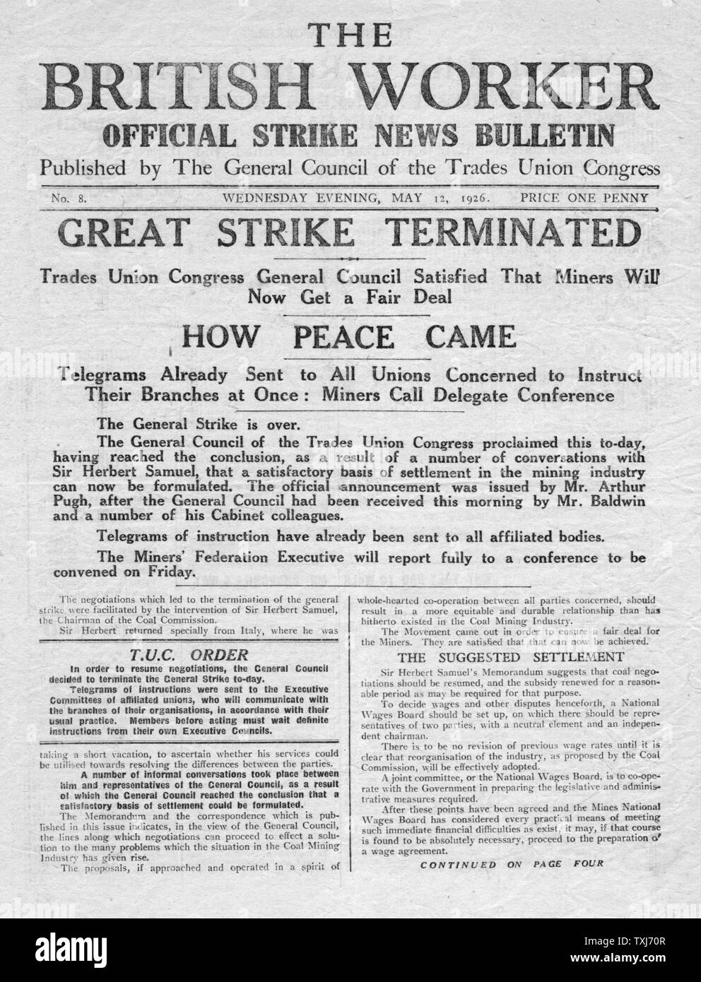 1926 British lavoratore pagina anteriore reporting sciopero generale termina Foto Stock