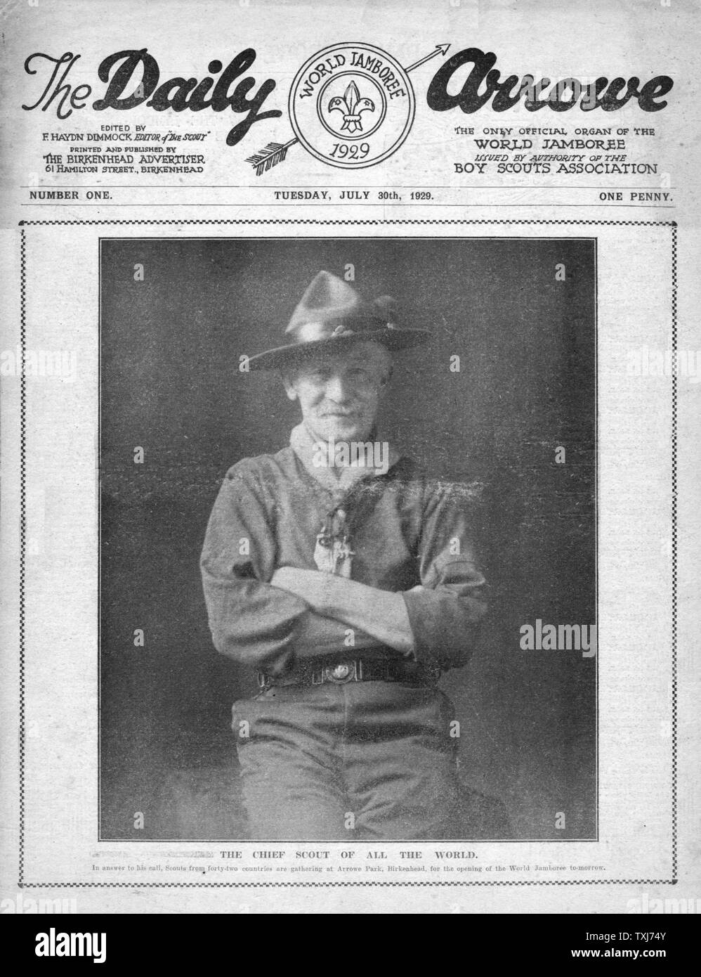 1929 La Arrowe No.1 problema pagina anteriore reporting Baden-Powell & World Boy Scout Jamboree Foto Stock