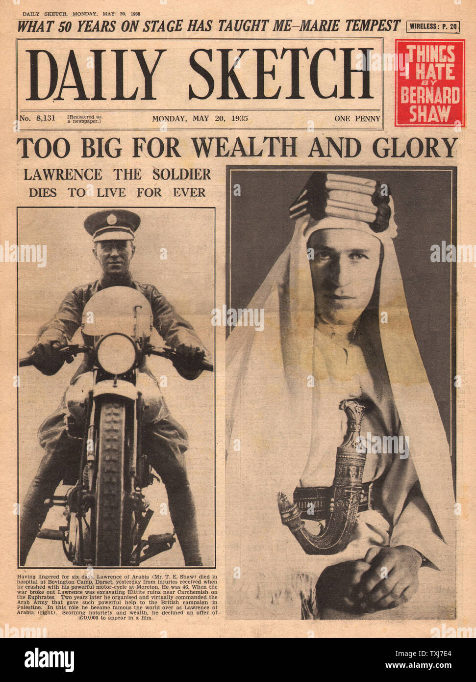 1935 Daily Sketch pagina anteriore reporting T.E. Lawrence (Morto Lawrence d'Arabia) Foto Stock