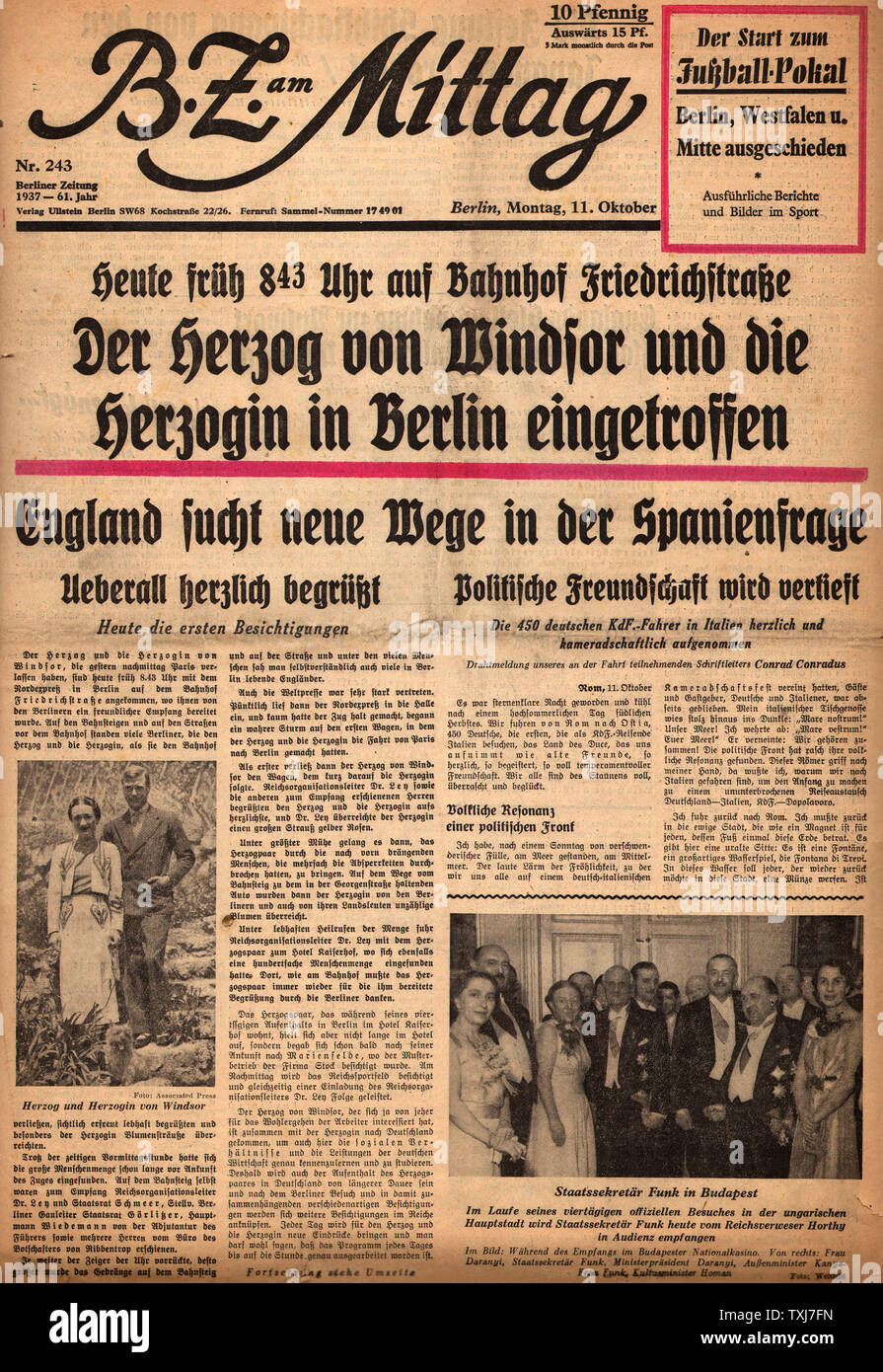 1936 B.Z am Mittag il Duca e la Duchessa di Windsor visita in Germania Foto Stock