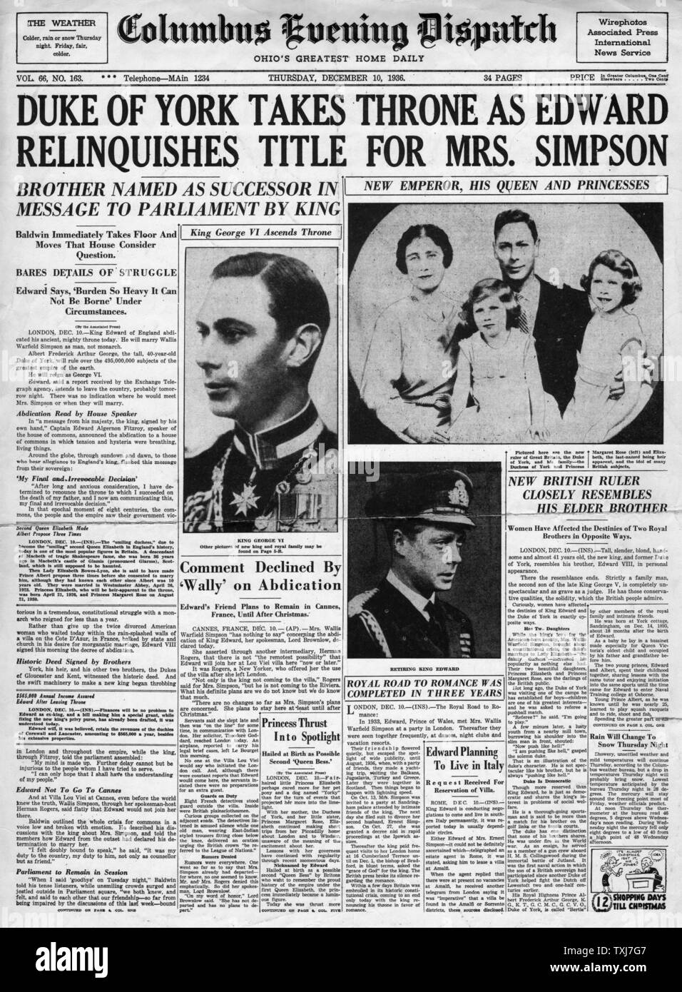 1936 Serata di Columbus Dispatch pagina anteriore Abdicazione del re Edward VIII Foto Stock