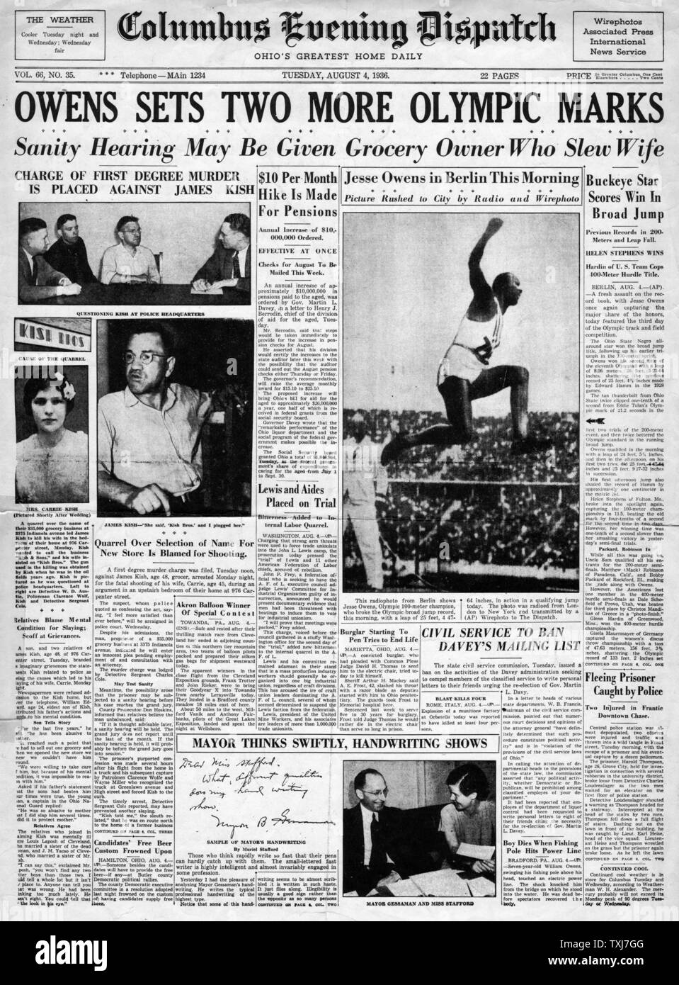 1936 Serata di Columbus Dispatch pagina anteriore alle Olimpiadi di Berlino e Jesse Owens Foto Stock