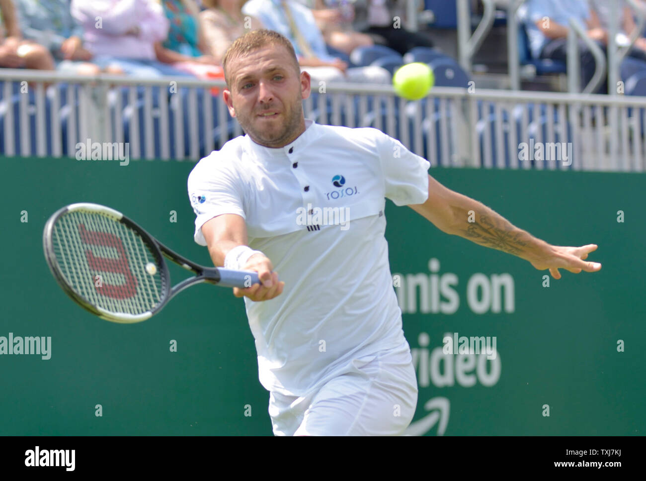 Dan Evans (GBR) a Eastbourne, Regno Unito. Il 25 giugno, 2019. Natura Valle internazionali di tennis in Devonshire Park. Foto Stock