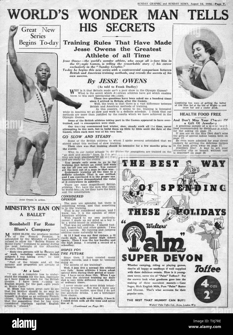 1936 Domenica grafica pagina anteriore alle Olimpiadi di Berlino Foto Stock