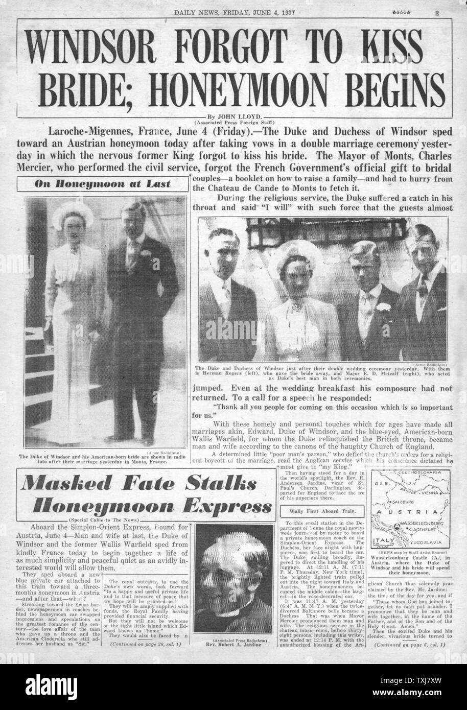 1937 Daily News (New York) pagina 3 il Duca di Windsor sposa Wallis Simpson in Francia Foto Stock