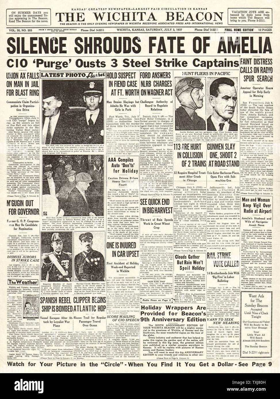 1937 Il faro di Wichita front page Amelia Earhart mancante Foto Stock
