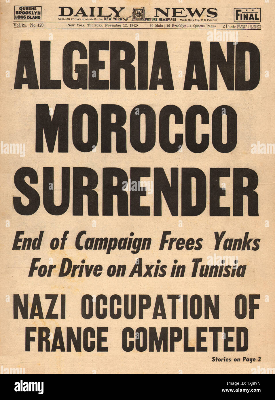 1942 Daily News (New York) Algeria e Marocco rinuncia agli alleati Foto Stock