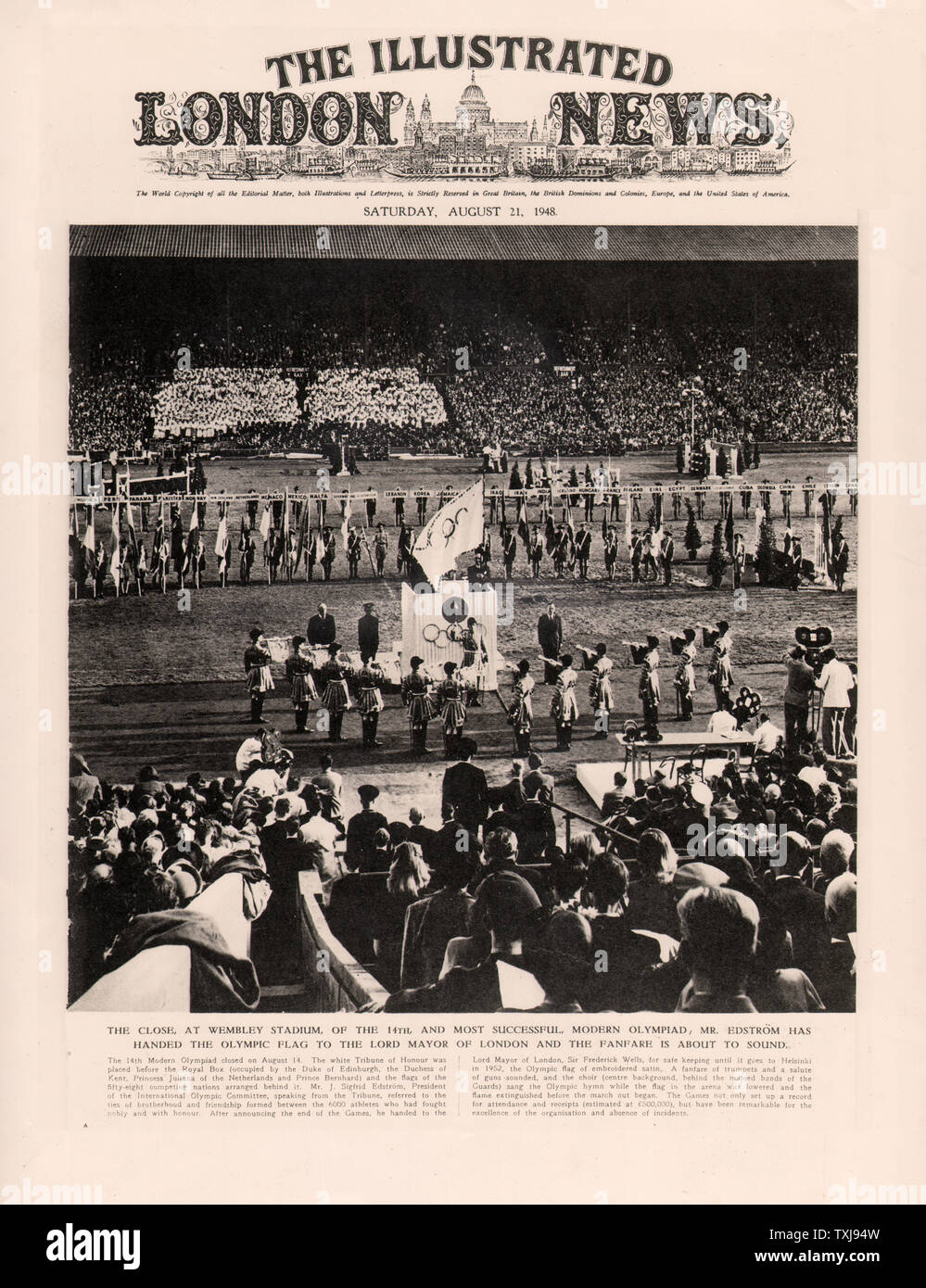 1948 Illustrated London News cerimonia di chiusura dei Giochi Olimpici di Londra Foto Stock