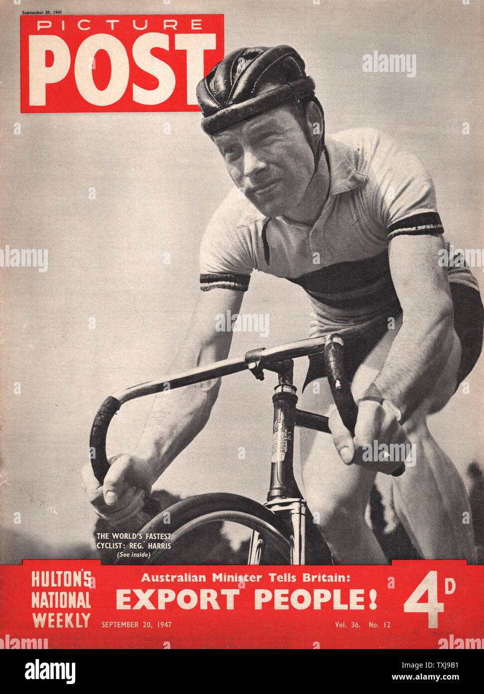 1947 Immagine Post magazine pagina anteriore che mostra il ciclista Reg Harris Foto Stock