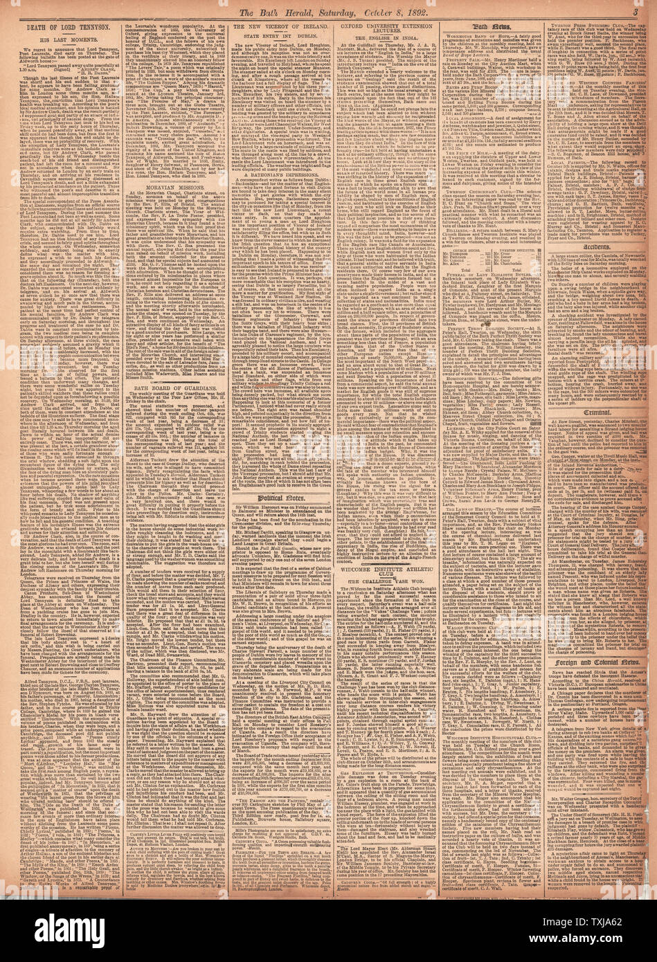 1892 La vasca da bagno della Herald pagina anteriore della morte del Signore Tennyson Foto Stock