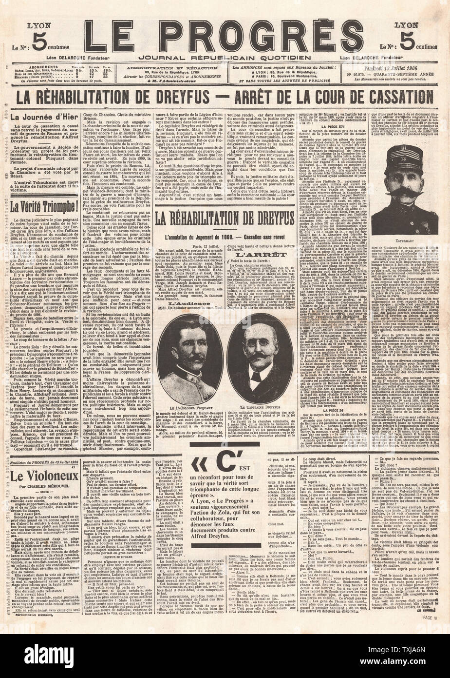 1906 Le Progres giornale pagina anteriore di prova di Dreyfus Foto Stock