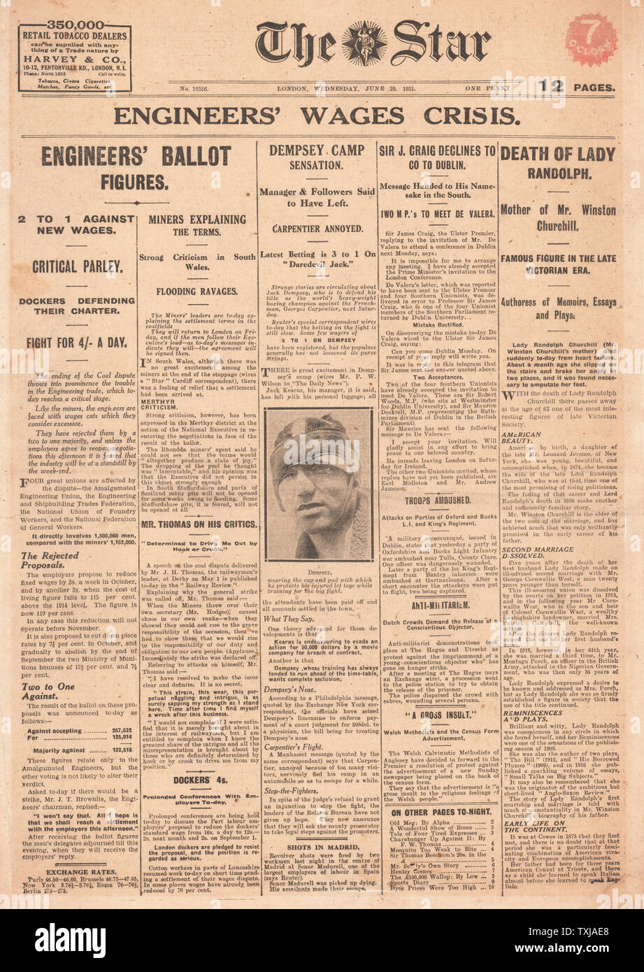 1921 Stella giornale pagina anteriore della morte della signora Randulph Churchill Foto Stock