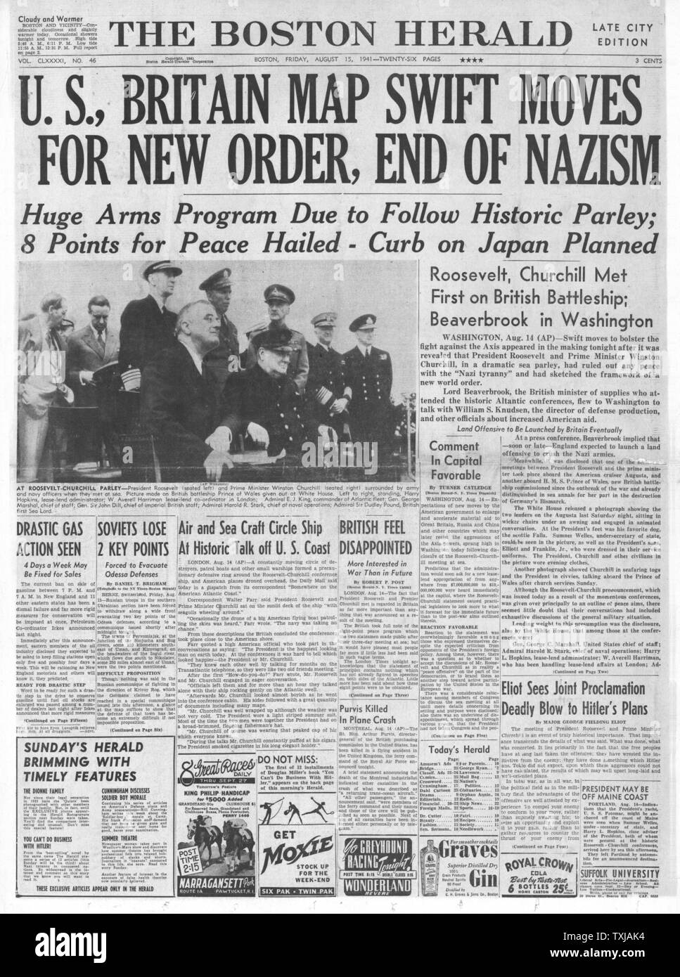 1941 Boston Herald pagina anteriore reporting Winston Churchill e Roosevelt Atlantico colloqui sulla carta Foto Stock