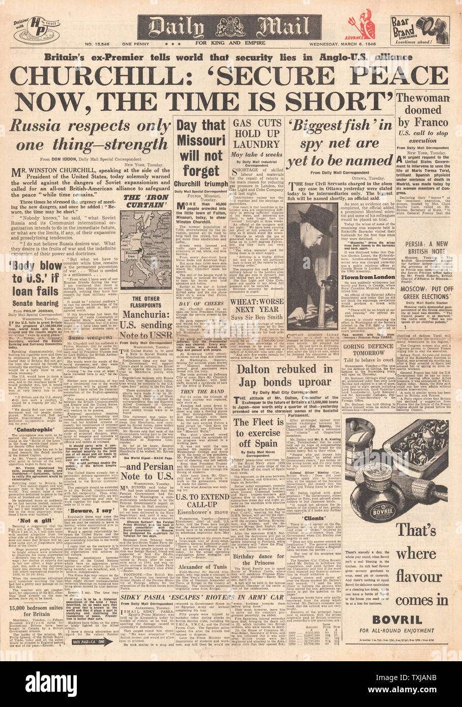 1946 quotidiano Daily Mail front page Churchill's (Cortina di Ferro) Discorso di Fulton Foto Stock