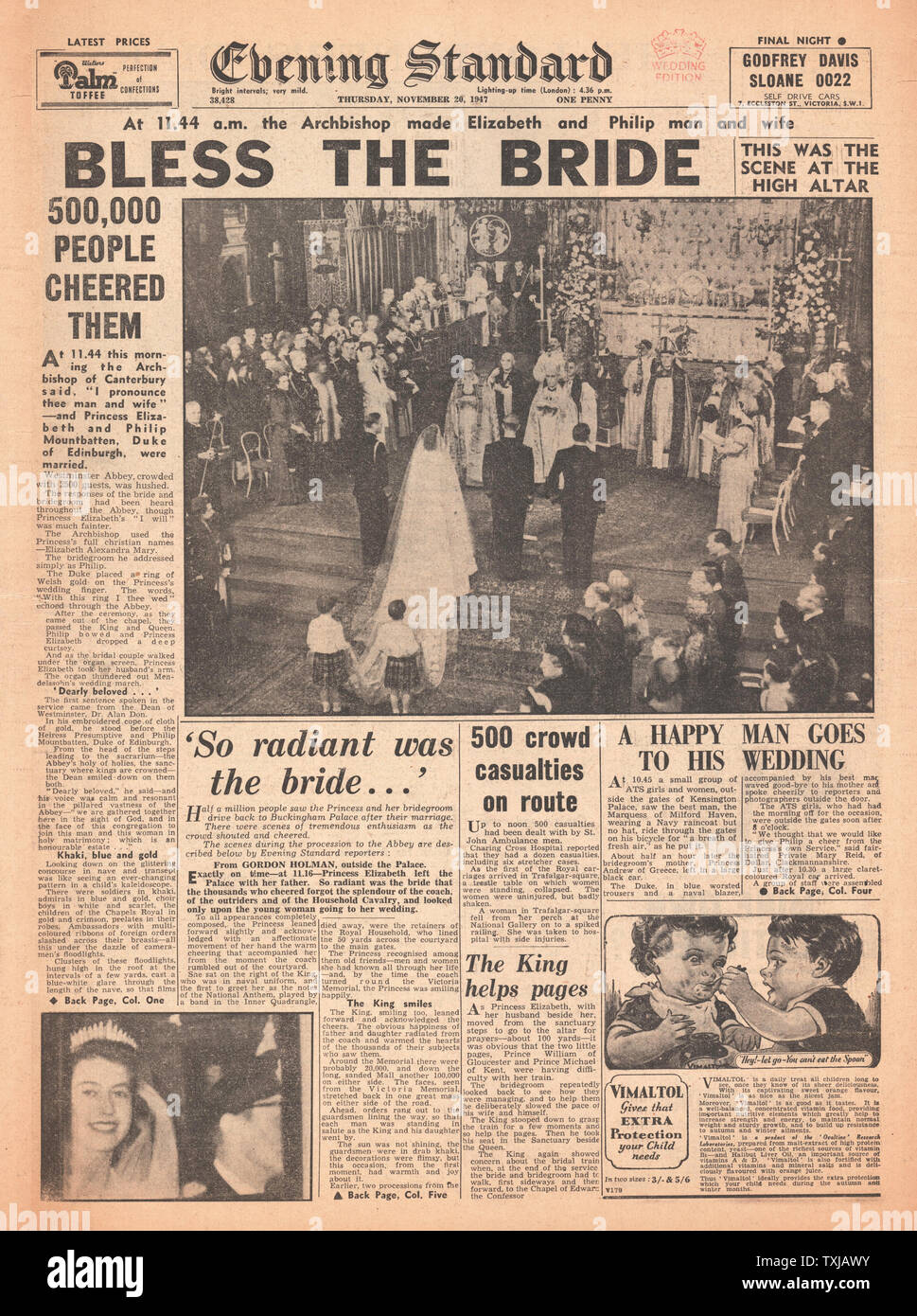 1947 Evening Standard giornale pagina anteriore la Principessa Elisabetta sposa Philip Mountbatten, Duca di Edimburgo Foto Stock