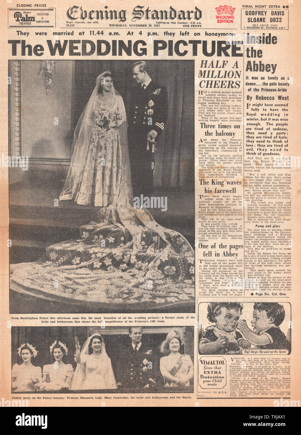 1947 Evening Standard giornale pagina anteriore la Principessa Elisabetta sposa Philip Mountbatten, Duca di Edimburgo Foto Stock