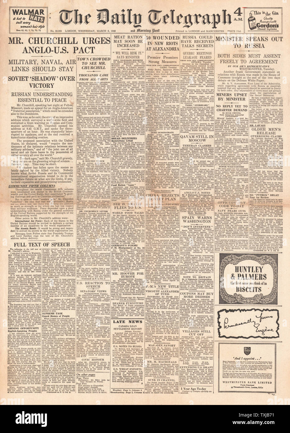 1946 Daily Telegraph giornale pagina anteriore Churchill's (Cortina di Ferro) Discorso di Fulton Foto Stock