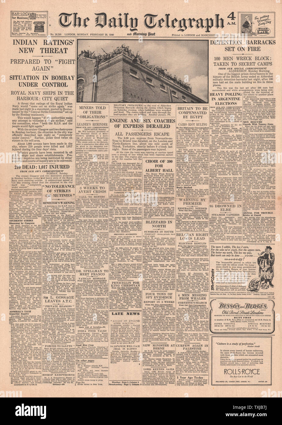 1946 Daily Telegraph giornale pagina anteriore tumulti a Aldershot Military prigione Foto Stock