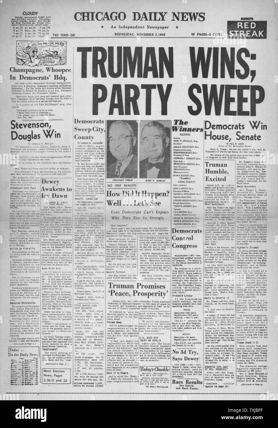 1948 Chicago Daily News giornale pagina anteriore Truman eletto presidente sconfiggendo Thomas Dewey Foto Stock