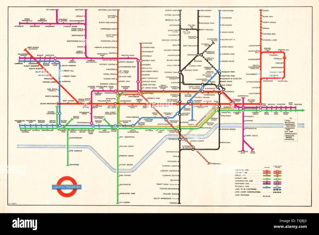 1949 Londra mappa della metropolitana Foto Stock