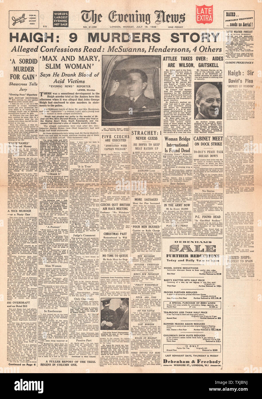 1949 Evening News (Londra) prova del bagno acido assassino Giovanni Haigh Foto Stock