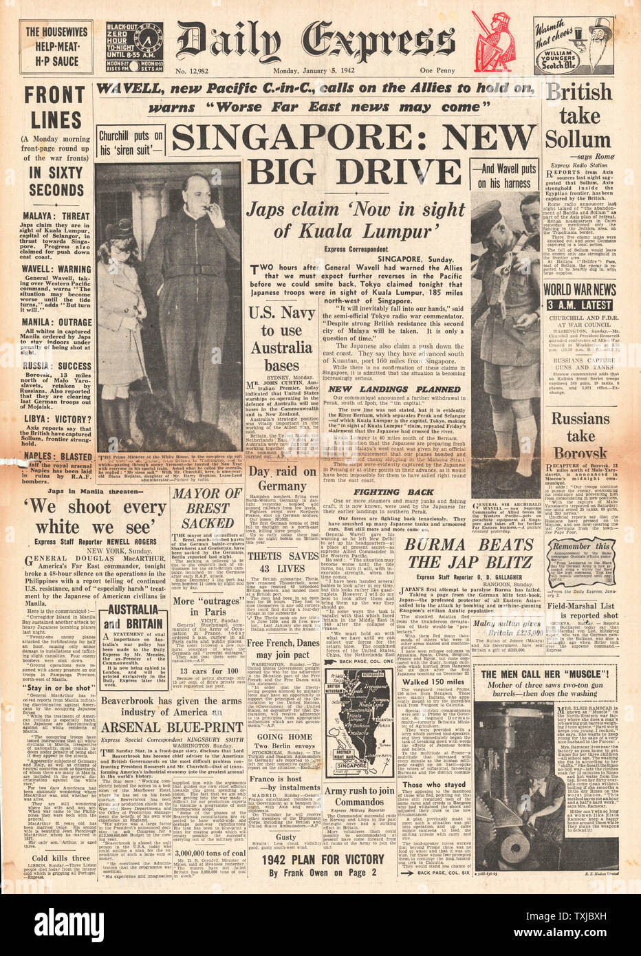 1942 front page Daily Express esercito giapponese minacciano di Singapore e dell'Esercito britannico Sollum cattura Foto Stock