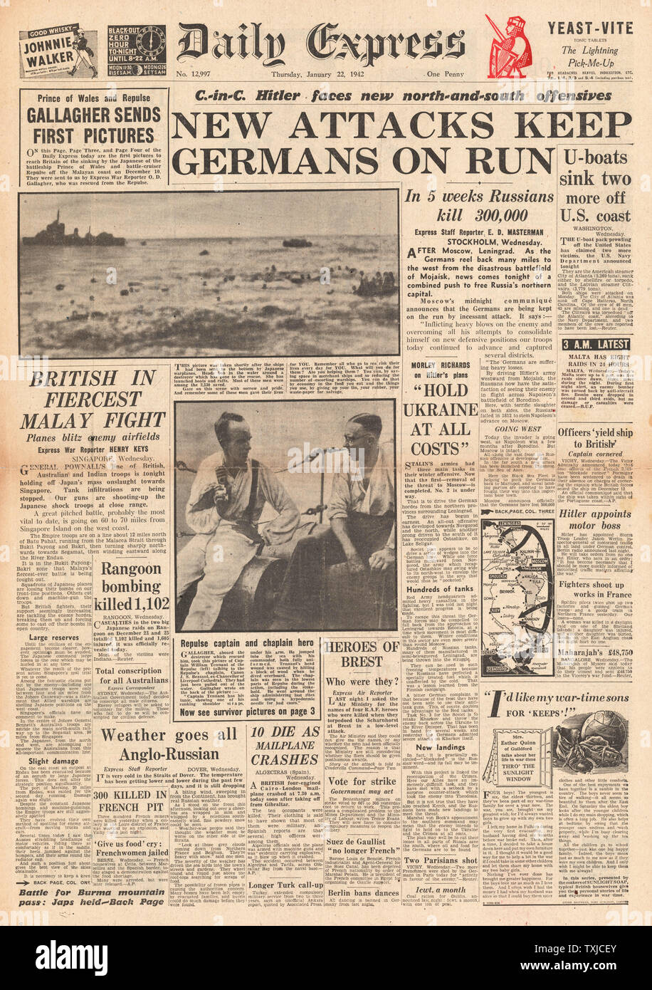 1942 front page Daily Express dell'esercito tedesco in ritirata in Russia Foto Stock