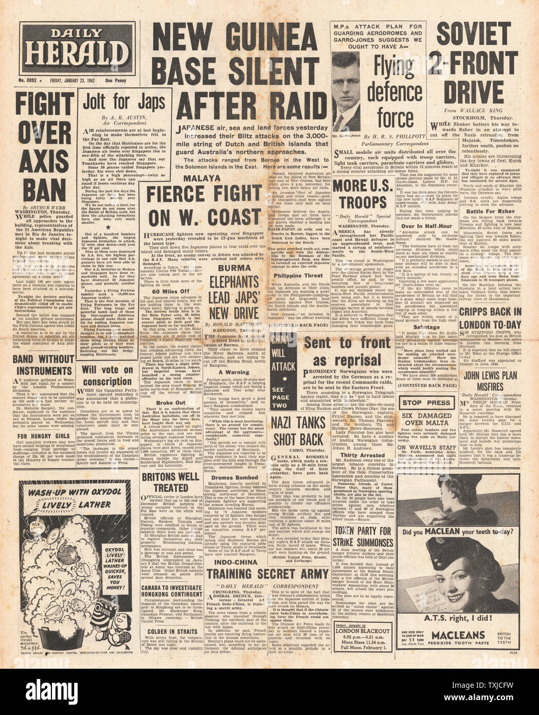 1942 front page Daily Herald le forze giapponesi attacco Borneo, Nuova Guinea e Isole Salomone Foto Stock