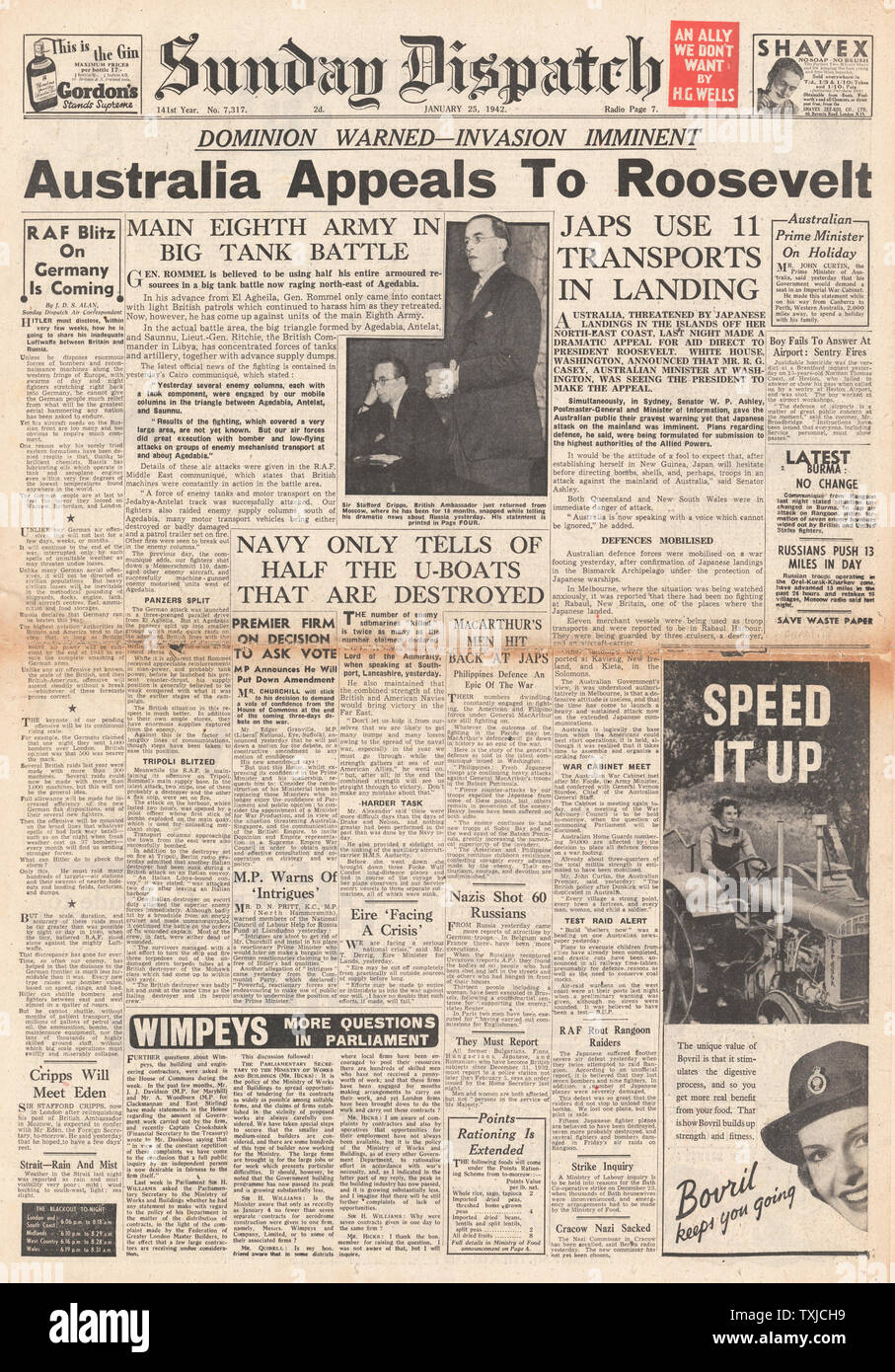 1942 front page domenica spedizione Australian preoccupazione per il giapponese minaccia di invasione Foto Stock