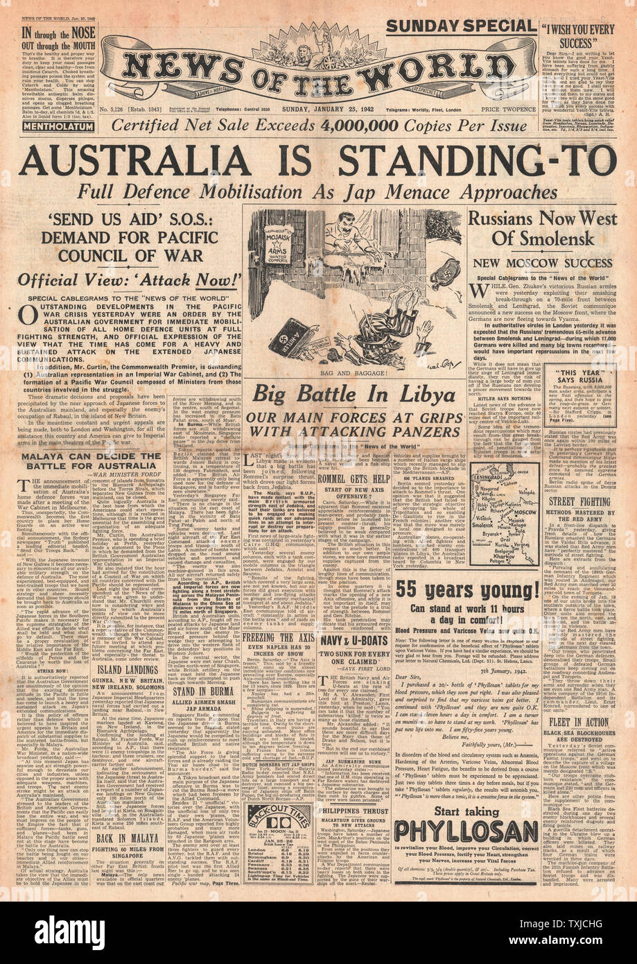 1942 front page News del mondo Australian preoccupazione per il giapponese minaccia di invasione, la battaglia per la Libia e l'esercito russo in anticipo su Smolensk Foto Stock