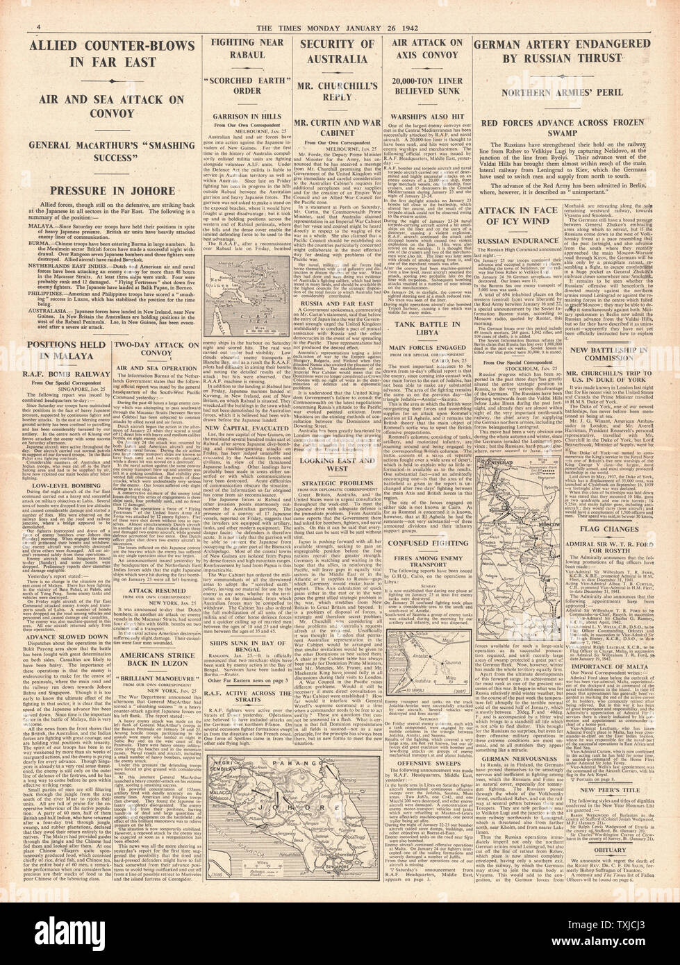 1942 Pagina 4 Tempi Australian preoccupazione per il giapponese minaccia di invasione, la battaglia per la Libia e l'esercito russo in anticipo su Smolensk Foto Stock