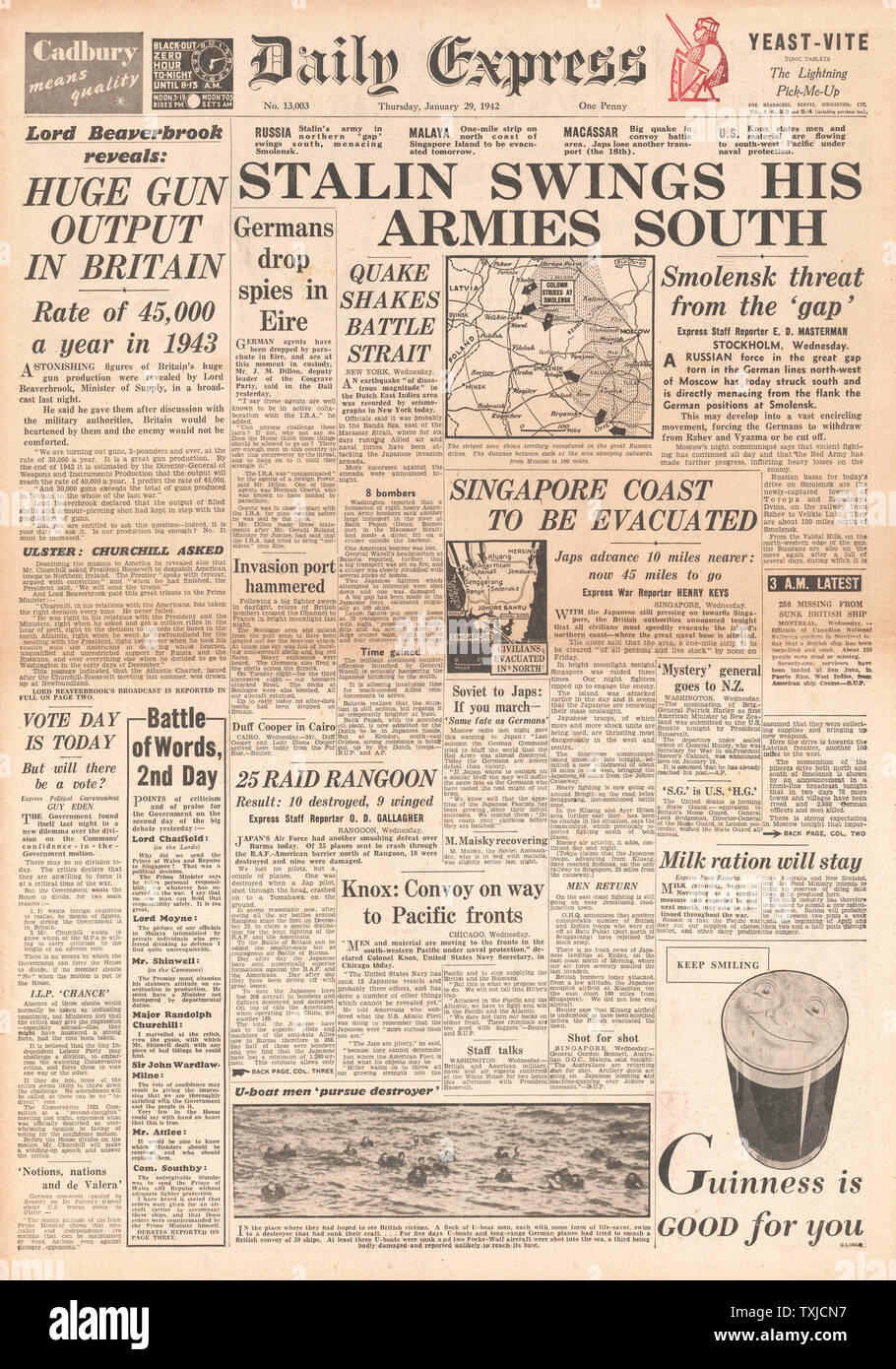 1942 front page Daily Express esercito russo oscilla verso sud Foto Stock