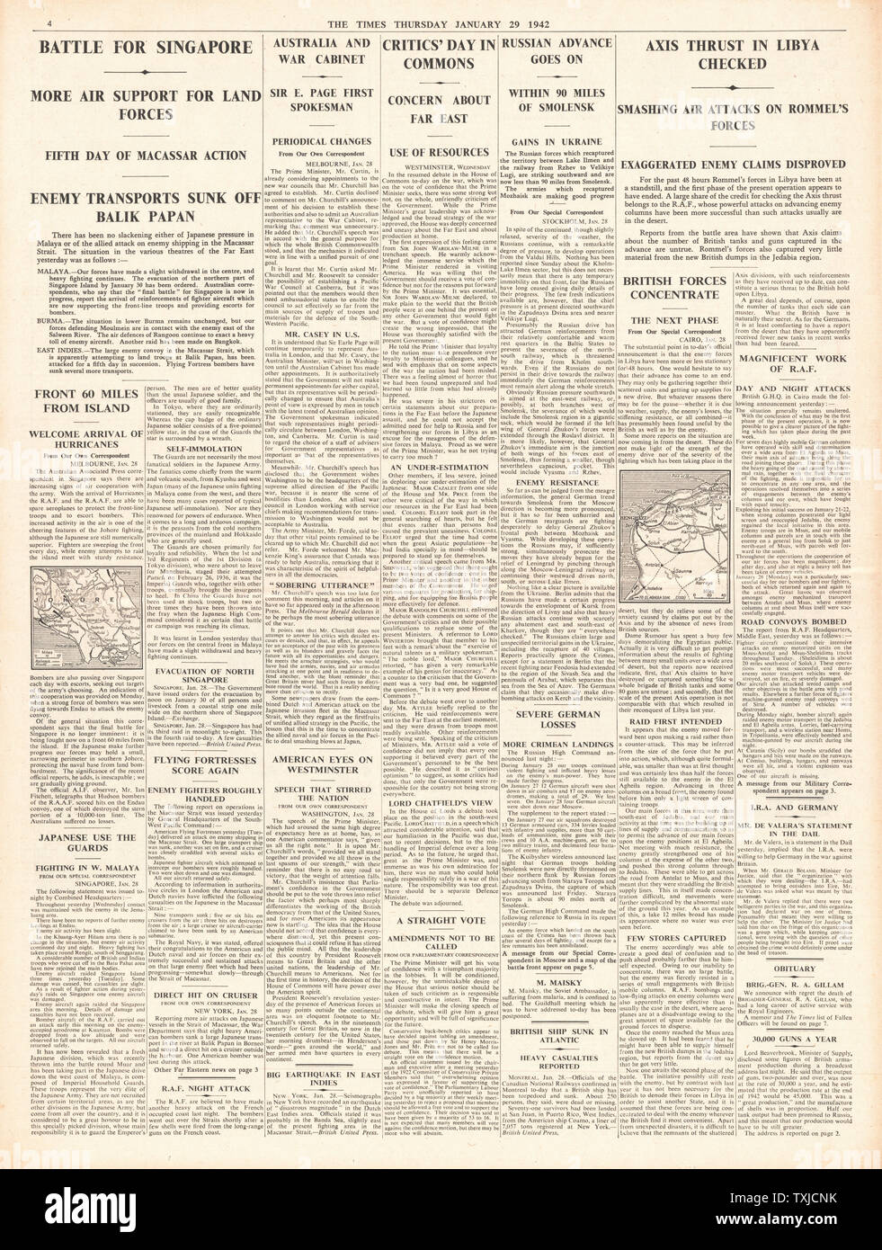 1942 Pagina 4 Tempi battaglia per Singapore, forze dell Asse detenuto in Libia e esercito russo in anticipo su Smolensk Foto Stock