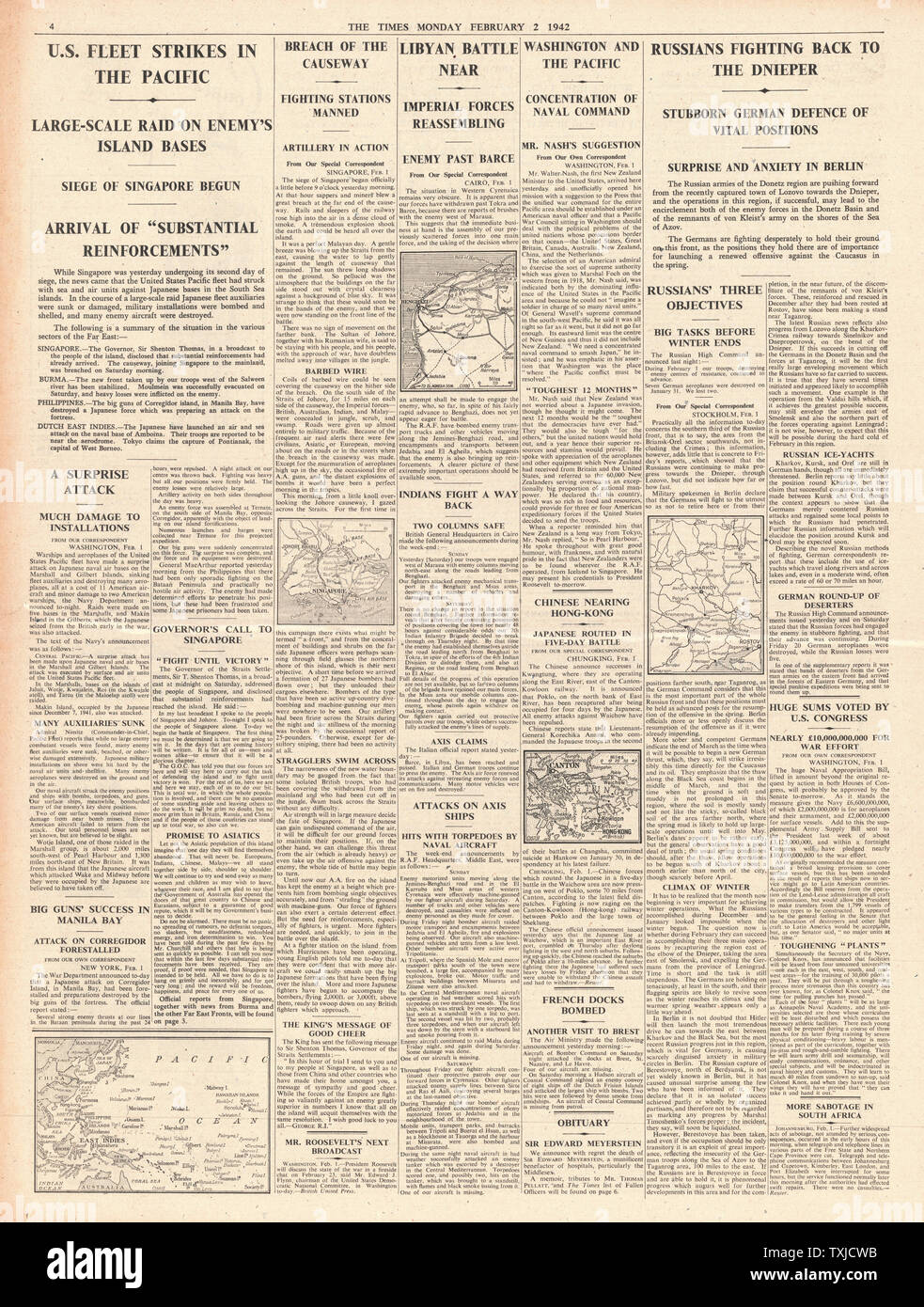 1942 page 4 The Times U.S. Navy bombarda South Sea Islands Foto Stock