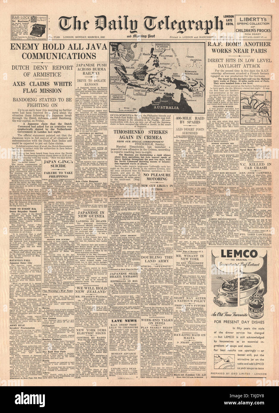 1942 front page Daily Telegraph battaglia per Java, Esercito Russo in anticipo in Crimea e RAF fabbriche di Bomba a Poissy Foto Stock