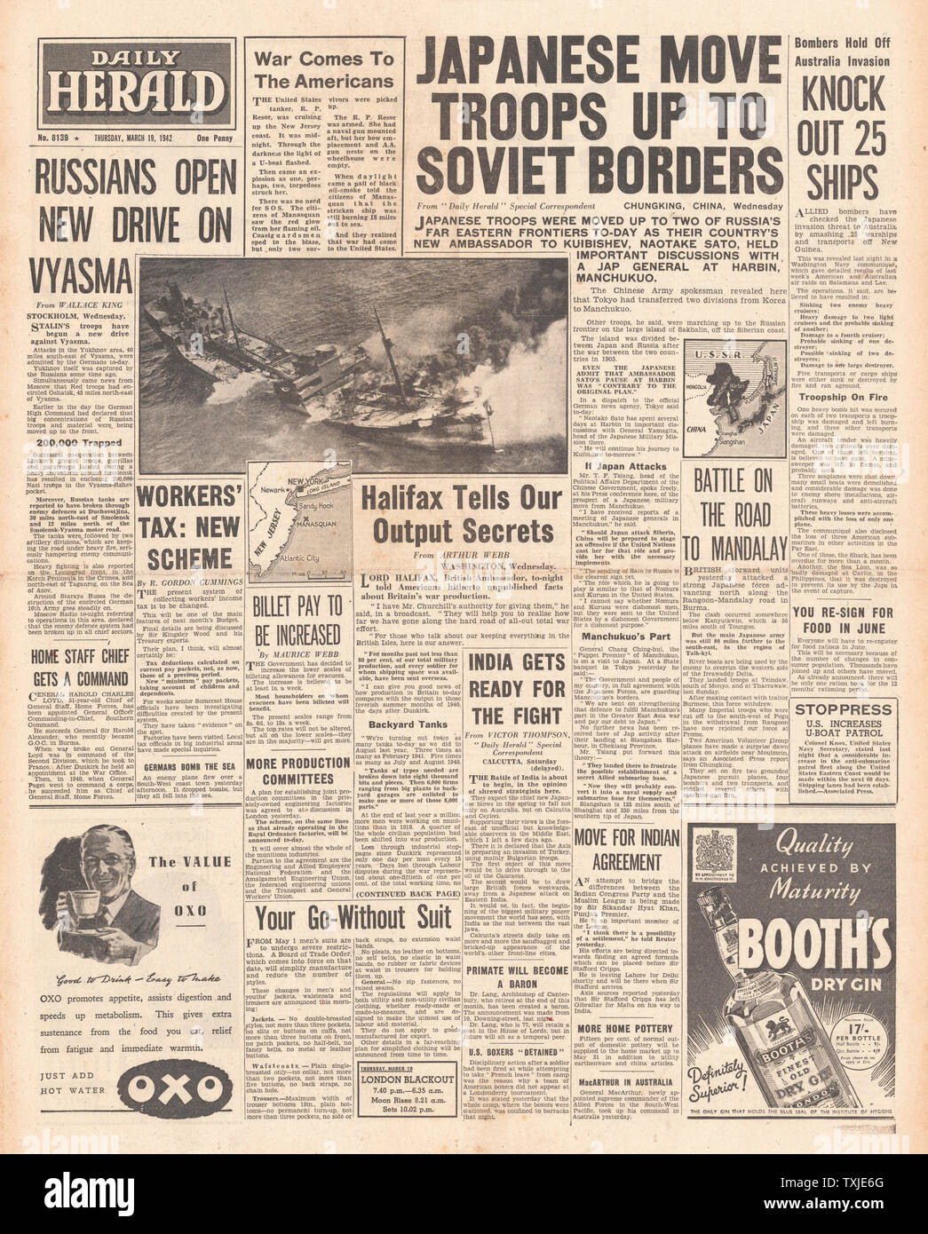 1942 front page Daily Herald le forze giapponesi messa sul confine russo e affondamento della U.S. Tanker R.P. Resor dal sommergibile tedesco U-578 Foto Stock